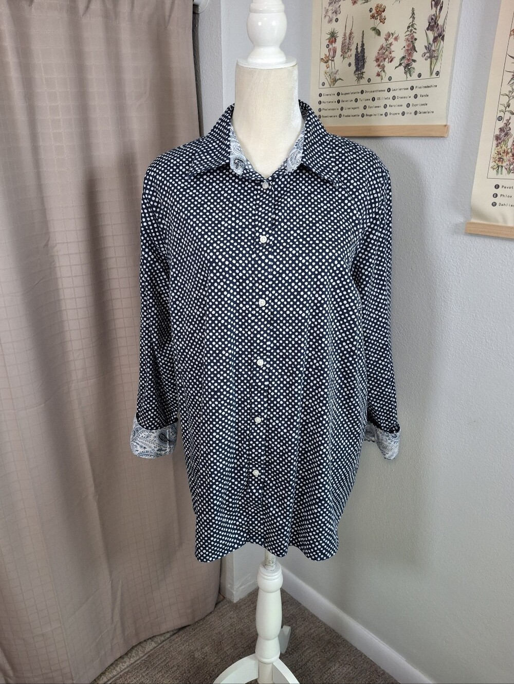 Chaps No Iron Blue Long Sleeve Button Up Shirt White Polka Dots Size 2X